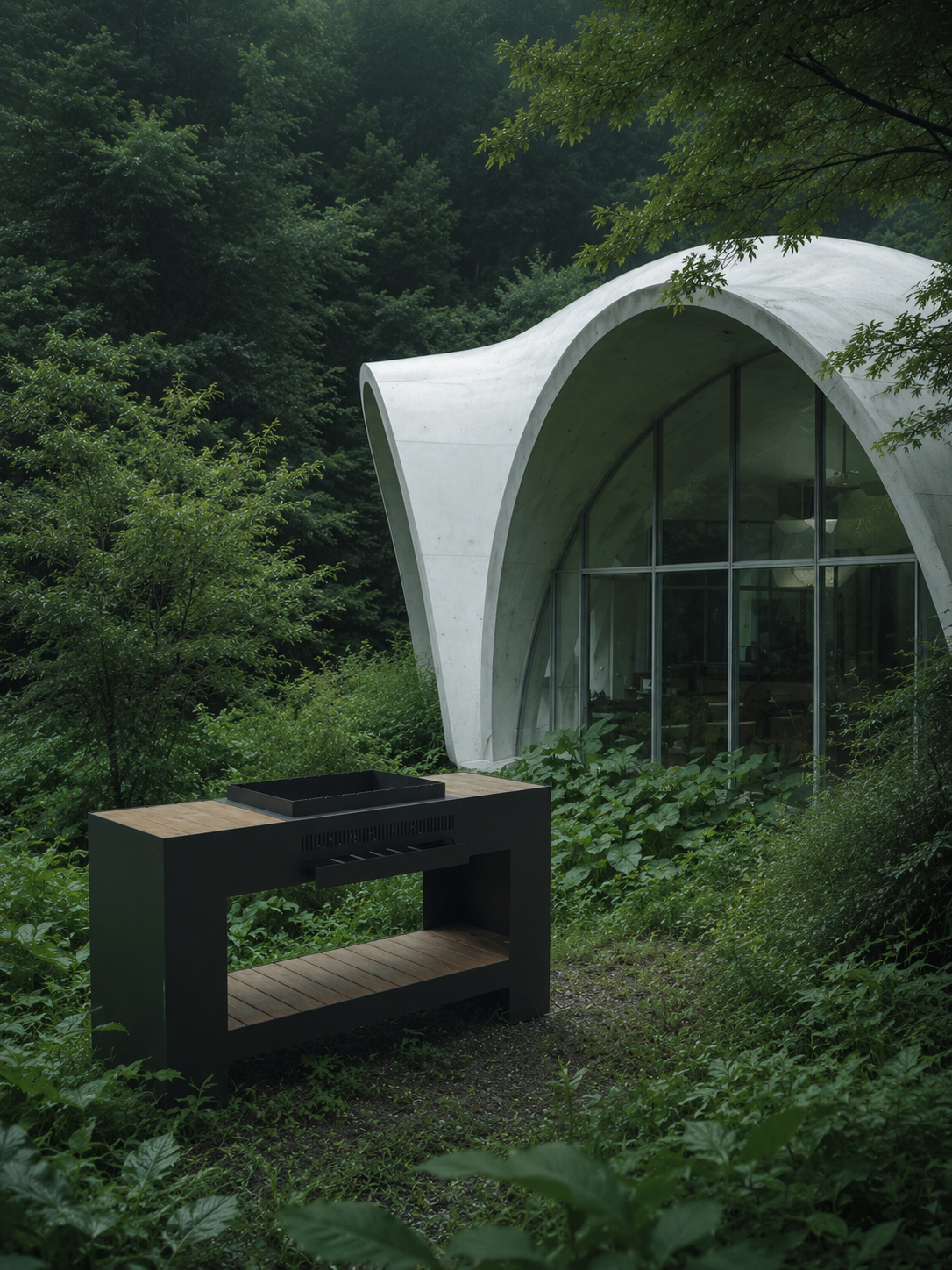Arch-shaped nature house in a forest